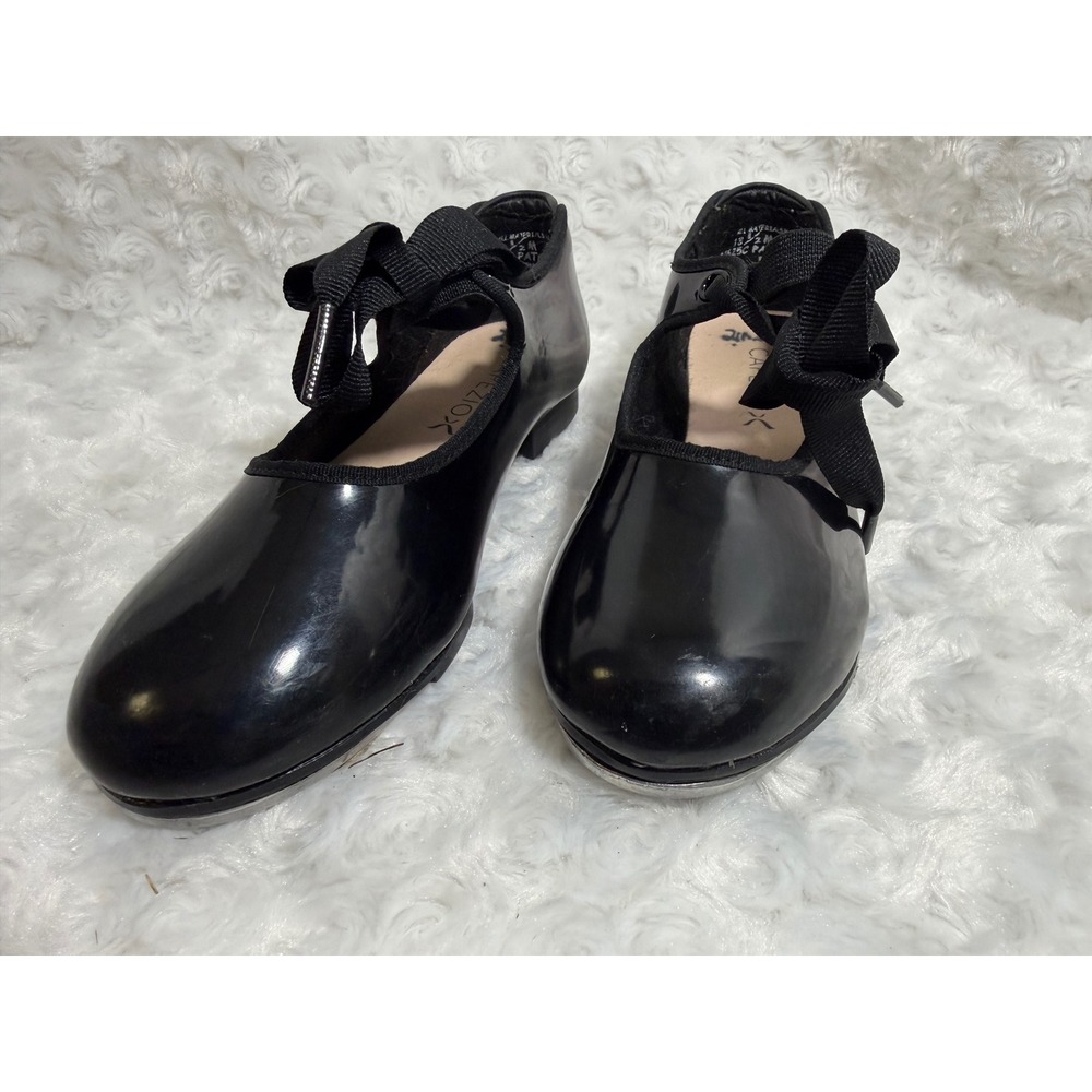 Capezio Jr Tyette Black Patent Tap Shoes N625C Tele Tone Taps Kids Size 13.5M